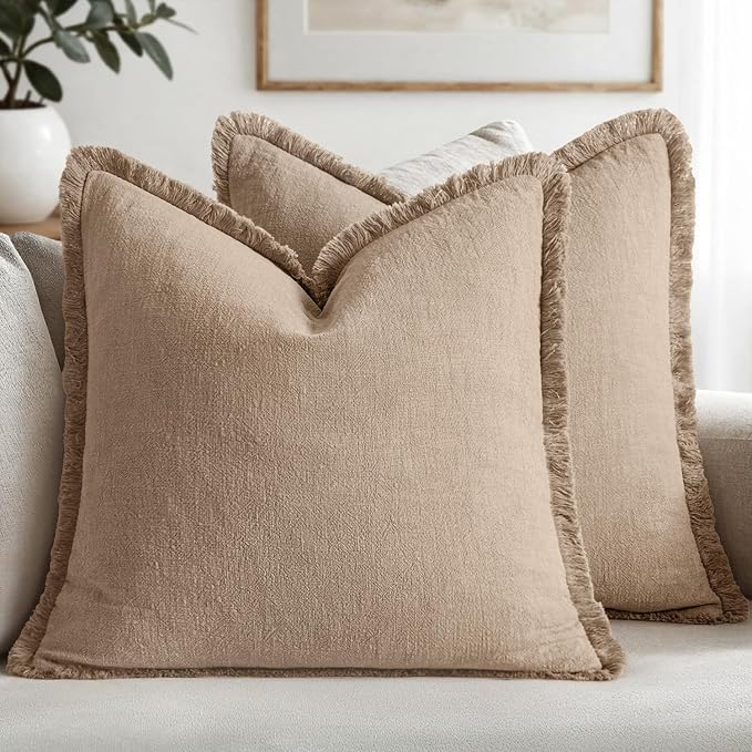 MIULEE Boho Linen Fringe Decorative Euro Throw Pillow Covers Camel 22x22 | Set by MIULEE