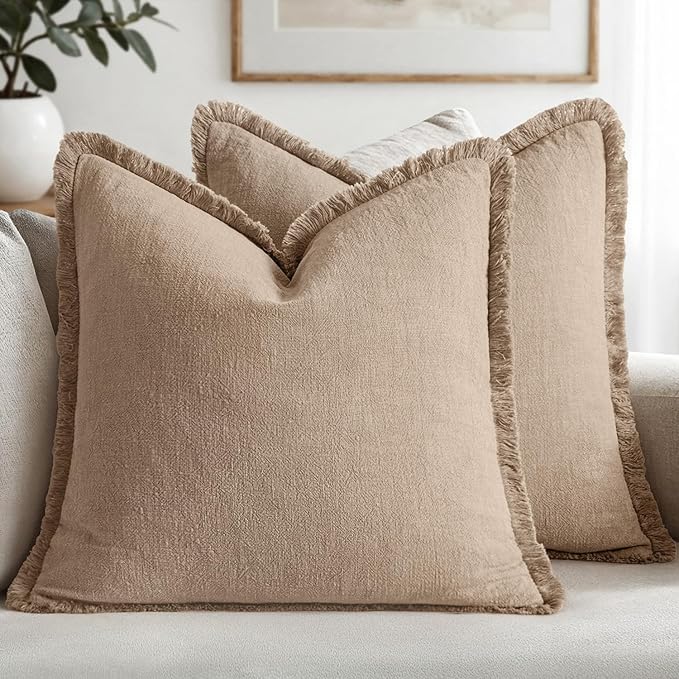 MIULEE Boho Linen Fringe Decorative Throw Pillow Covers Camel 18x18 | Set of 2 by MIULEE