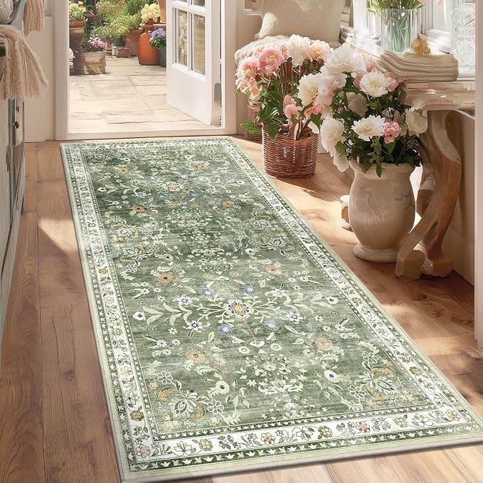 Yamaziot 3x6 Washable Hallway Runner Rug Non Slip Floral Carpet, Sage Green | by Yamaziot
