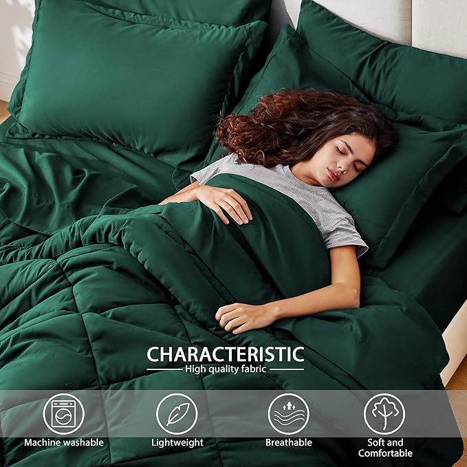 Love's cabin Twin XL Comforter Set Dark Green, 5 Pieces Twin XL Bed in a Bag, All Season Bedding Sets with 1 Comforter, 1 Flat Sheet, 1 Fitted Sheet, 1 Pillowcase and 1 Pillow Sham