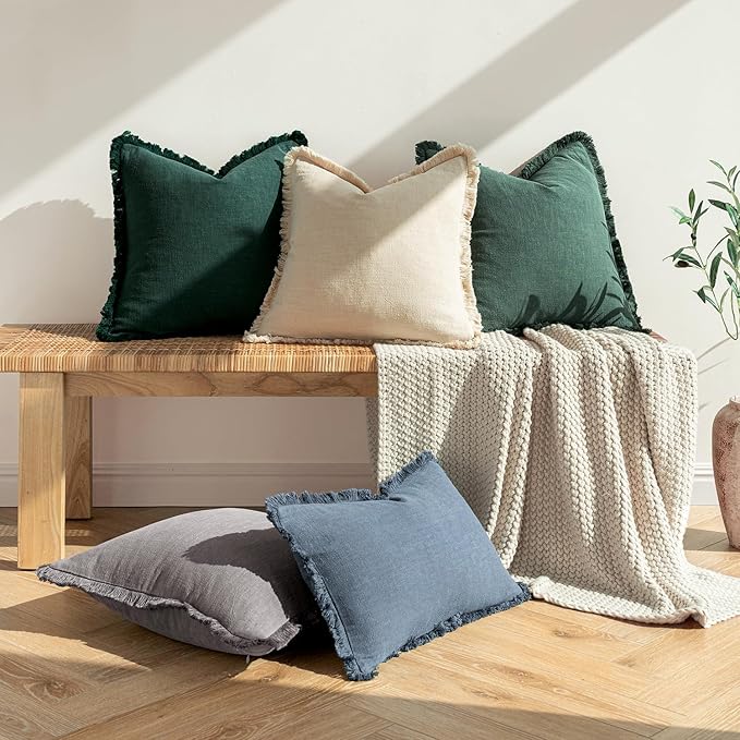 MIULEE Linen Fringe Decorative Lumbar Throw Pillow Covers Navy Blue 12x20 | Set - Image 7