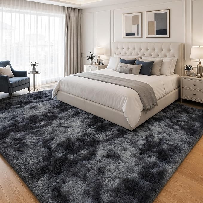 PLHXFR 8x10 Area Rugs Living Room: Fluffy Bedroom Soft Shag Rug Black Grey | - Image 3