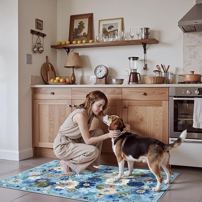 Blue Garden Floral Hallway Runner Rug 2x5for Bedroom Kitchen | Rubber Backing; - Image 3
