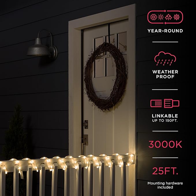 UltraPro LED Rope Lights, 25ft Classic Clear Rope, Warm White Light 3000K, Indoor/Outdoor, Flexible, Linkable, Durable, Rope Lights Outdoor, 54504