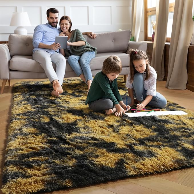 Black and Yellow Bedroom Rugs 4x6 Ft, Fluffy Modern Living Room Area Rug | - Image 4