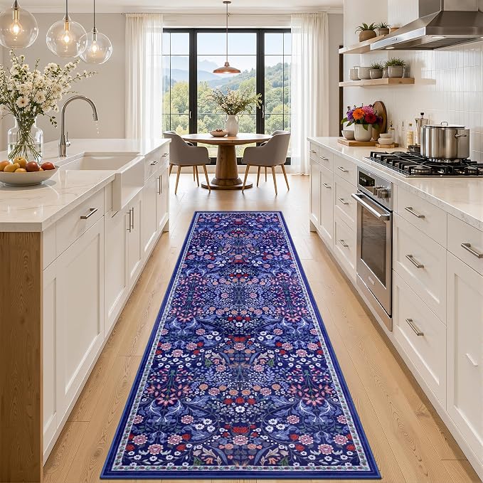 PLHXFR 2.6x10 Washable Runner Rug：Floral Indoor Kitchen Soft Carpet Blue | by PLHXFRSoftAreaRugs