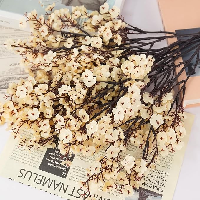 Uieke 6 Pcs Artificial Flowers Baby Breath Faux Champagne Artificial Gypsophila Bouquet Fake Silk Flowers Real Touch for Home Office Kitchen Wedding Wall DIY Room Farmhouse Décor