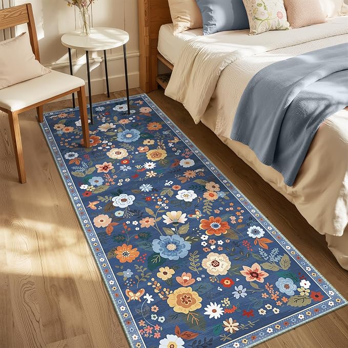 Floral Washable 2x10 Area Rugs Runner Entryway Hallway Blue/Grey | Flower - Image 6