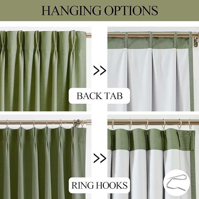 Vision Home Dark Green Pinch Pleated Full Blackout Curtains Linen Blended Room - Image 5