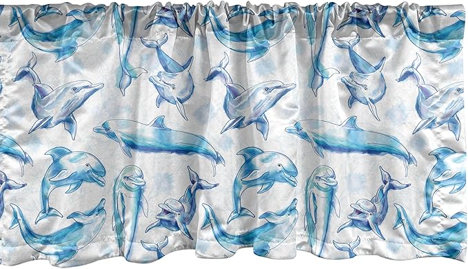 Ambesonne Sea Animals Window Valance, Sketch of Bottlenose Dolphins Playing Laughing in The Ocean Sea Life Print, Curtain Valance for Kitchen Bedroom Decor with Rod Pocket, 42" x 12", Turquoise White