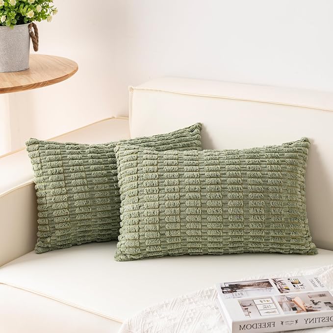 Pack of 2 Corduroy Decorative Throw Pillow Covers 12x20 Inch, Sage Green | Fall by Unknown