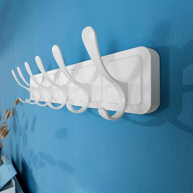 SKOLOO Coat Rack Wall Mount - Scandi-Style Wooden Carved-Block Coat Hook,Pack of 2, Wall Coat Hanger with 6 Hooks for Hanging Coats, Hats, Clothing, Scarfs, White