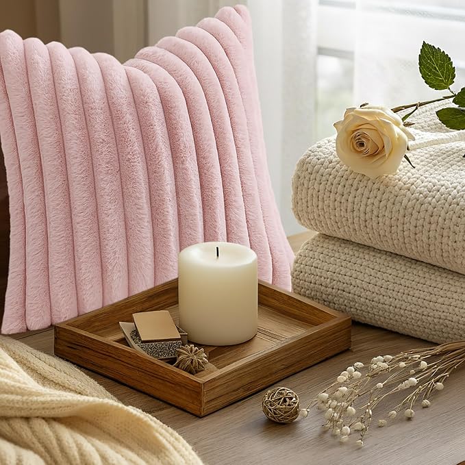 decorUhome Fall Faux Fur Throw Pillow Covers 12x20 Set of 2 Pink | Decorative - Image 9