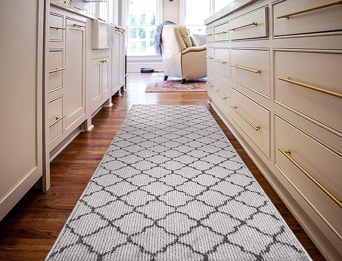 Custom Size Modern Runner Rug Carpet for Hallway Entryway Foyer Kitchen, Slip Resistant Latex Rubber Backed 31 inch Wide X Customized Length, Trellis Grey, 31 inch X 8 feet