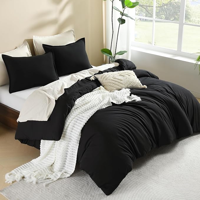 Litanika Black Comforter King Size, 3 Pieces Lightweight Solid Bedding Comforter Set, All Season Fluffy Bed Set (104x90In Comforter & 2 Pillowcases)