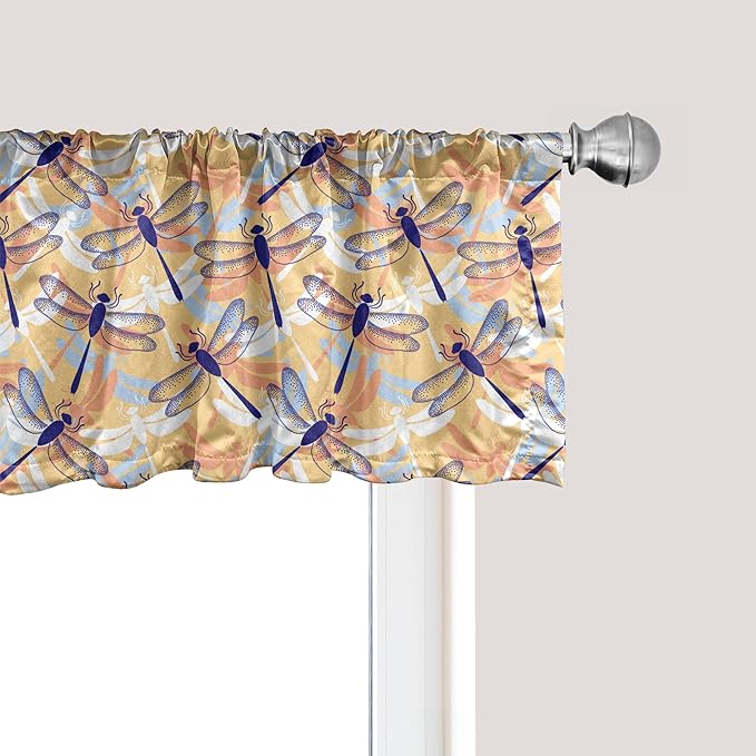 Ambesonne Dragonfly Window Valance, Uneven Big Repetitive Winged Bug 2 Pairs of Patched Wings Flying Orange Blobs, Curtain Valance for Kitchen Bedroom Decor with Rod Pocket, 42" x 12", Sand Brown