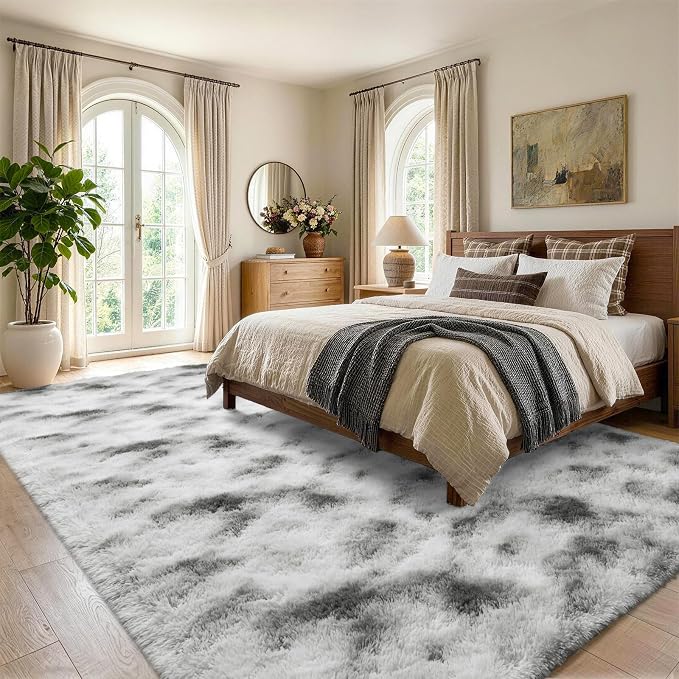 Noahas 4x6 Tie-Dyed Grey and White Fluffy Area Rug Non-Slip - Image 3