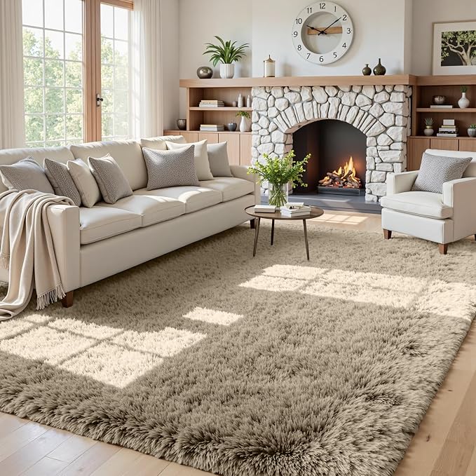 5x8 Fluffy Shag Area Rugs for Living Room Bedroom: Soft Carpet Gray Camel | by CarpetAddColortoYourLife
