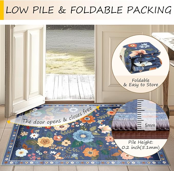 Floral Washable 2x8 Area Rugs Runner Entryway Hallway Blue/Grey | Flower Carpet - Image 4