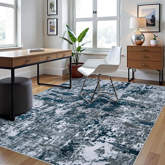 5x7 Area Rugs for Living Room Washable Bedroom Dining Room Navy Grey | Modern - Image 3