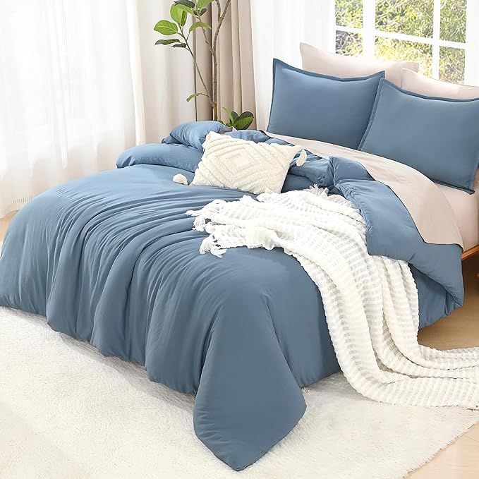 Litanika Comforters Grayish Blue Oversized Queen Size, 3 Pieces Lightweight Solid Bedding Comforter Set, All Season Fluffy Bed Set (98x98In Comforter & 2 Pillowcases)