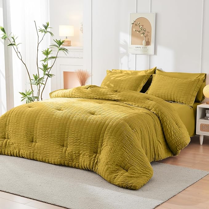 HYMOKEGE Mustard Yellow King Size Comforter Set Seersucker 7 Pieces, All Season Luxury Bed in a Bag for Bedroom, Bedding Set with Comforter, Sheets, Pillowcases & Shams