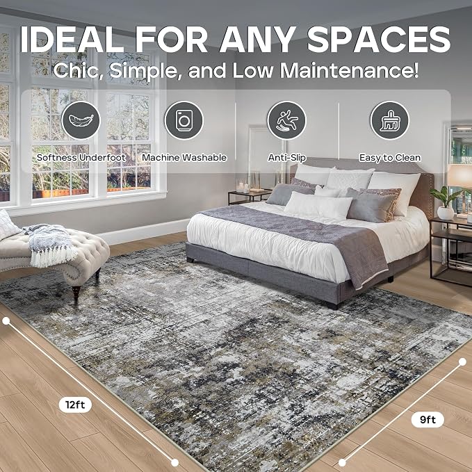 9x12 Area Rugs for Living Room Bedroom Dining Room Washable Black Gold | Soft - Image 2