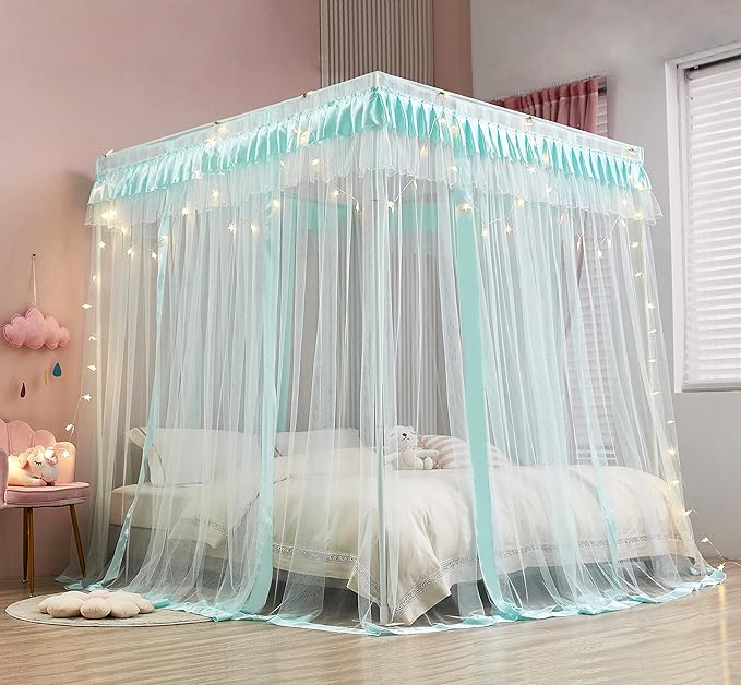 Mengersi 4 Corners Canopy Bed Curtains for Girls Kids Adults - Bed Drapes - 4 Opening Mosquito Net - Cute Princess Bedroom Decoration (Queen, Sky Blue)