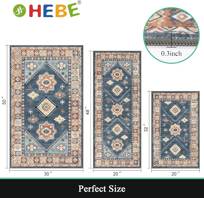 HEBE Boho Kitchen Rugs Set of 3, Non Slip Washable Kitchen Mats - Image 2