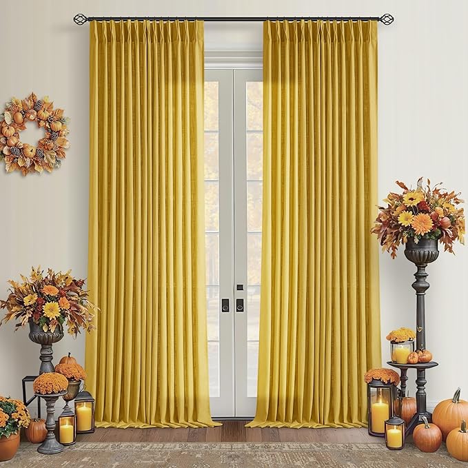 Mustard Yellow Pleated Semi Sheer Linen Curtains 108 Inches Long 2 Panel | - Image 6