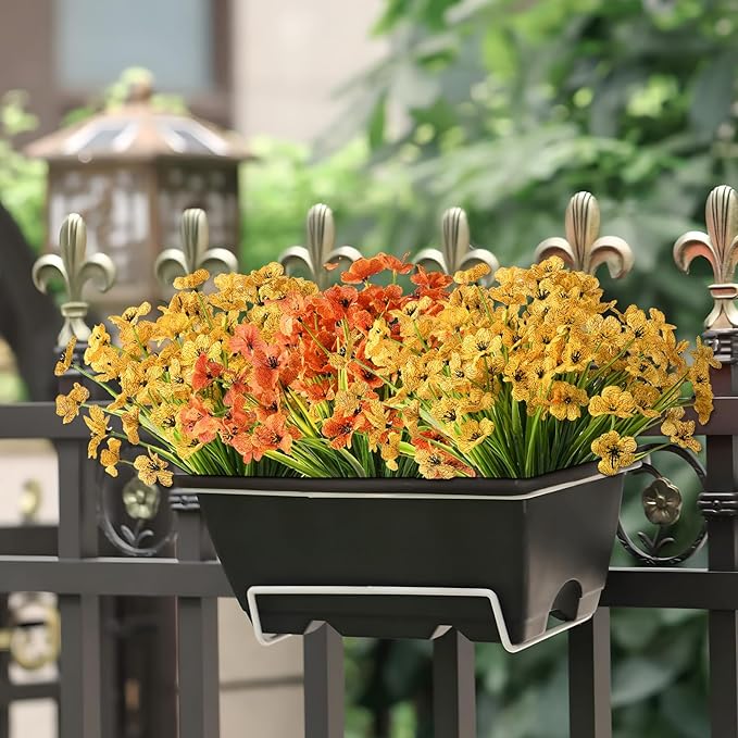 Artificial Fake Plants Flowers for Outdoor Outside Fall Decoration,12 Bundles Faux Silk Daisy in Planter UV Resistant Look Real for Home Front Door Porch Patio Garden Balcony Autumn Decor