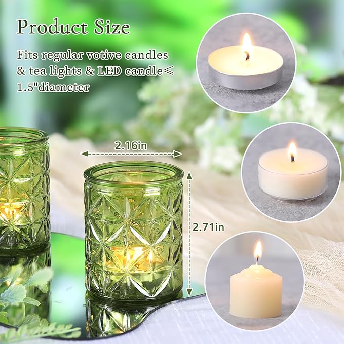 Green Votive Candle Holders Set of 12-Vintage Green Candle Holder for Wedding,Tea Light Candle Holders for Home Table Centerpieces Decor,Glass Candle Holder for Baby Shower & Bridal Shower