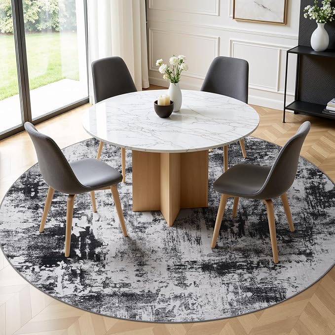 Rugflix Round Area Rugs 8Ft for Living Room, Washable Black Grey Circle Rug | - Image 2