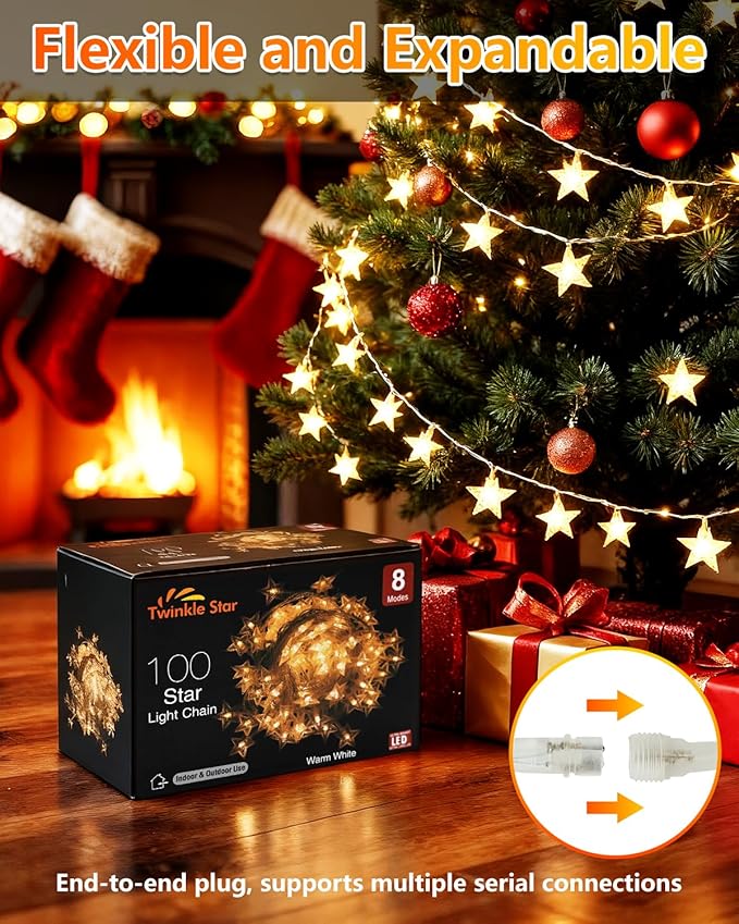 Twinkle Star 100 LED Star String Lights, 33FT Plug in Fairy String Lights Waterproof, Extendable for Indoor, Outdoor, Wedding Party, Christmas Tree, New Year, Ramadan, Garden Decoration, Warm White