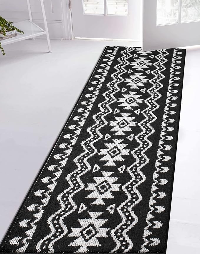 Custom Length Cut to Size Tribal Ethnic Southwestern Inspired Hallway Runner Rug, Non Slip Rubber Backed, 31 inch Wide X Customized Length, Aztec Black, 31 inch X 14 feet