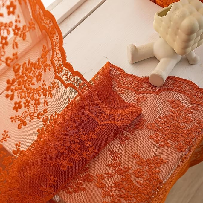 YJ YANJUN Orange Lace Curtains 54 Inch Length, Boho Chic Short Sheer Panels | - Image 5