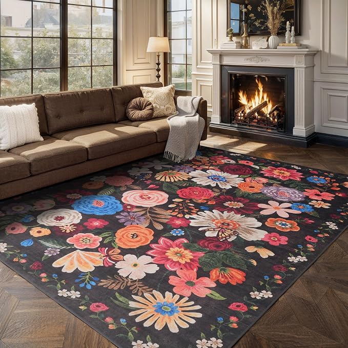 Black Brown Floral Area Rug 8x10 - Image 7