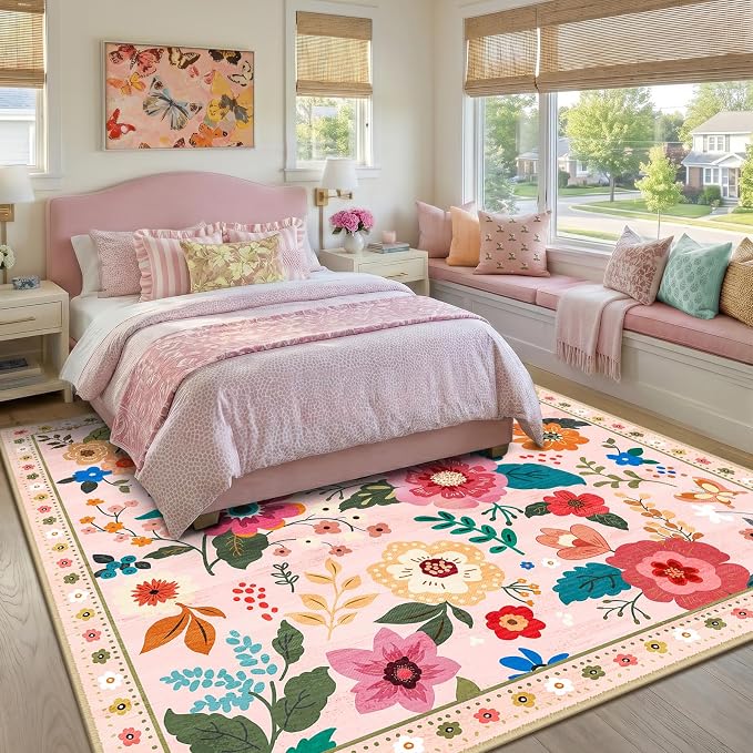 RELEANY Floral Washable Square 8ft Area Rug Pink | Flower Carpet Print Boho - Image 6