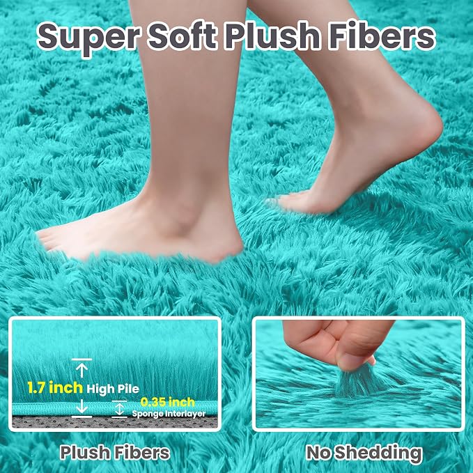 8x10 Fluffy Shag Area Rugs for Living Room Bedroom: Soft Carpet Teal Blue | - Image 5