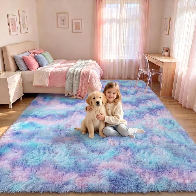 Fluffy Area Rugs for Girls Bedroom, 4x6 Purple Rainbow Bedside Rug, Indoor Cute - Image 3