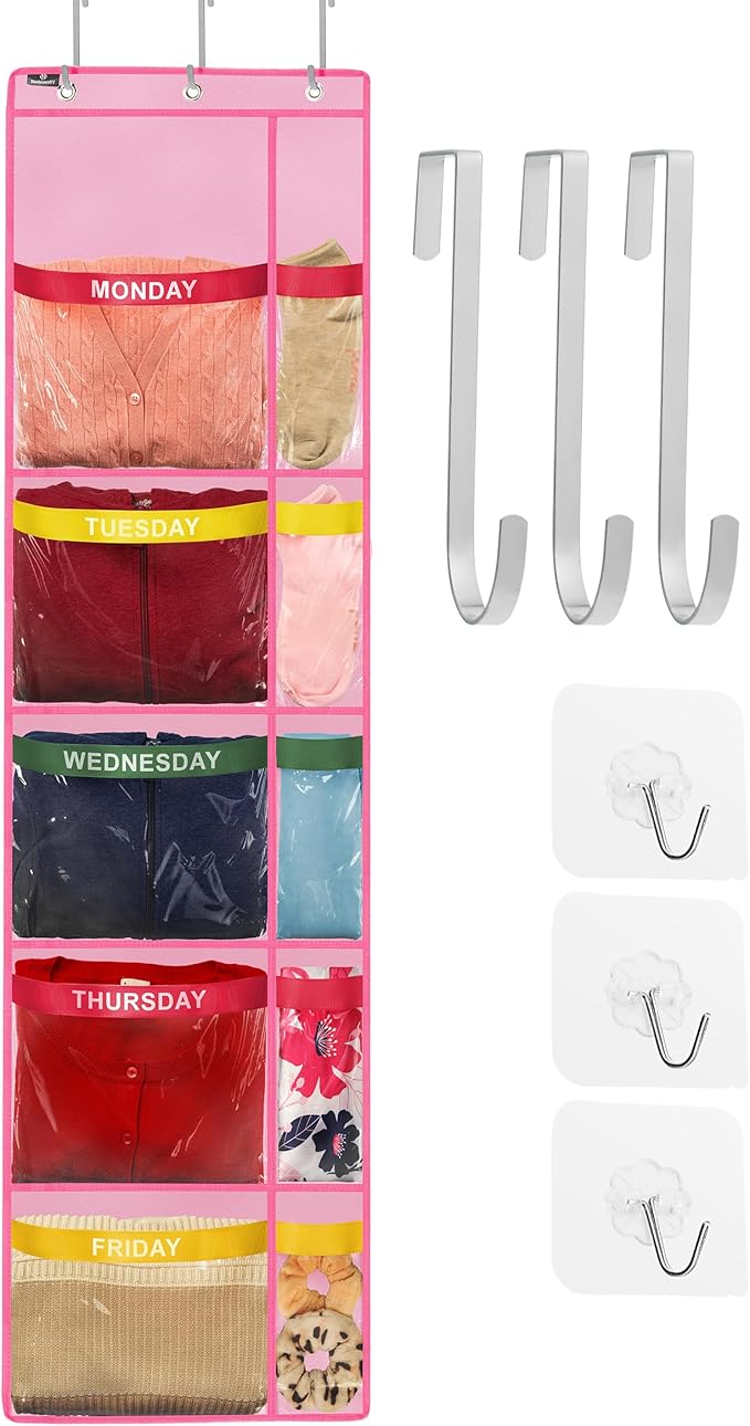 Over the Door Weekly Clothes Organizer - 5 Shelf Hanging Closet Storage with Day of the Week Labels - Weekly Clothes Organizer For Kids - Space-Saving Over Door or Wall Hanging Organizer (Pink)