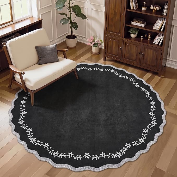 GarveeHome Round Rugs 4ft Scalloped Washable Black Circle Rug - Image 3