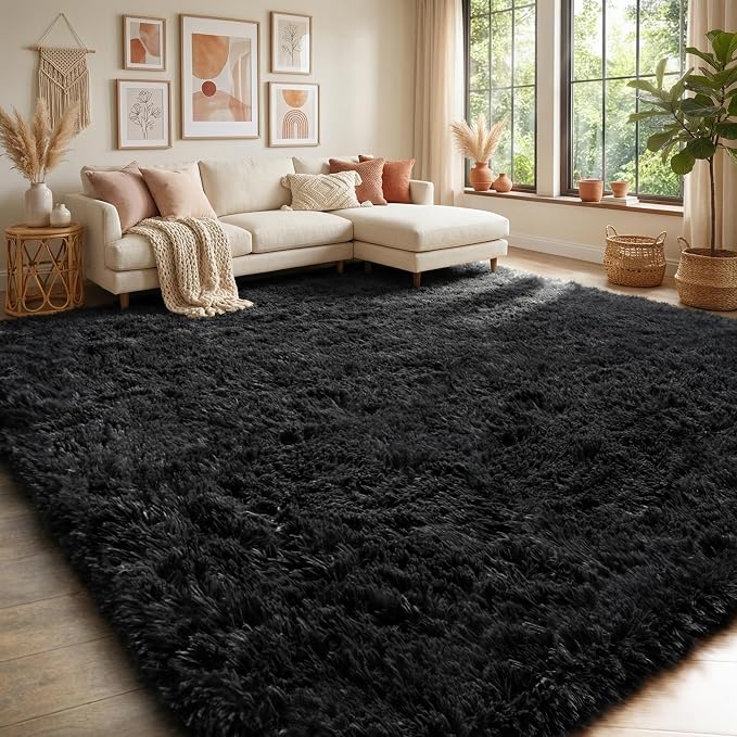 Fluffy Shaggy Black Area Rug 8x10 Feet, Plush Rugs - Image 8