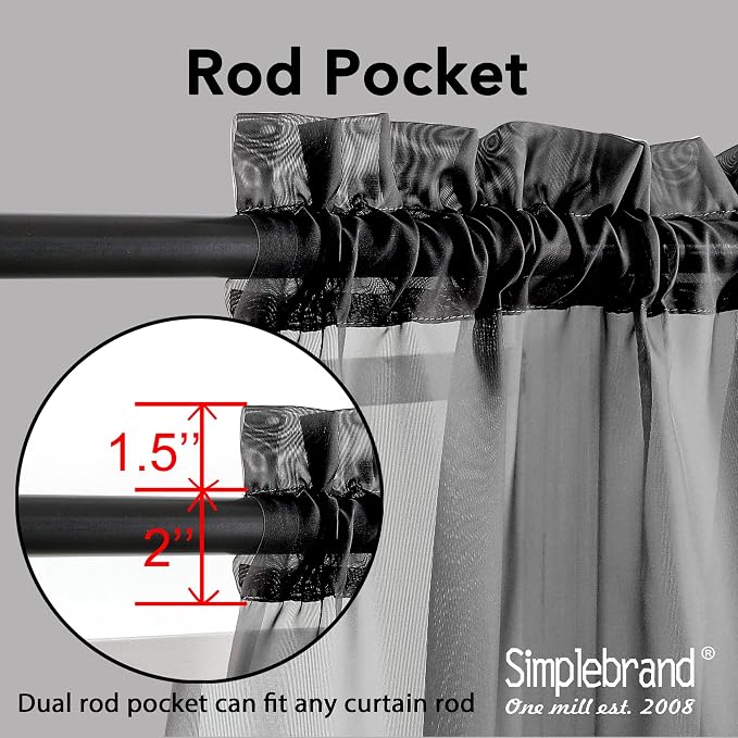 Simplebrand Black Sheer Curtains 96 Inches Long, Light Filtering Rod Pocket - Image 4