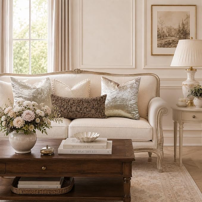 GIGIZAZA Crushed Beige Velvet Throw Pillow Covers 18x18 Pack of 2 | Decorative - Image 4