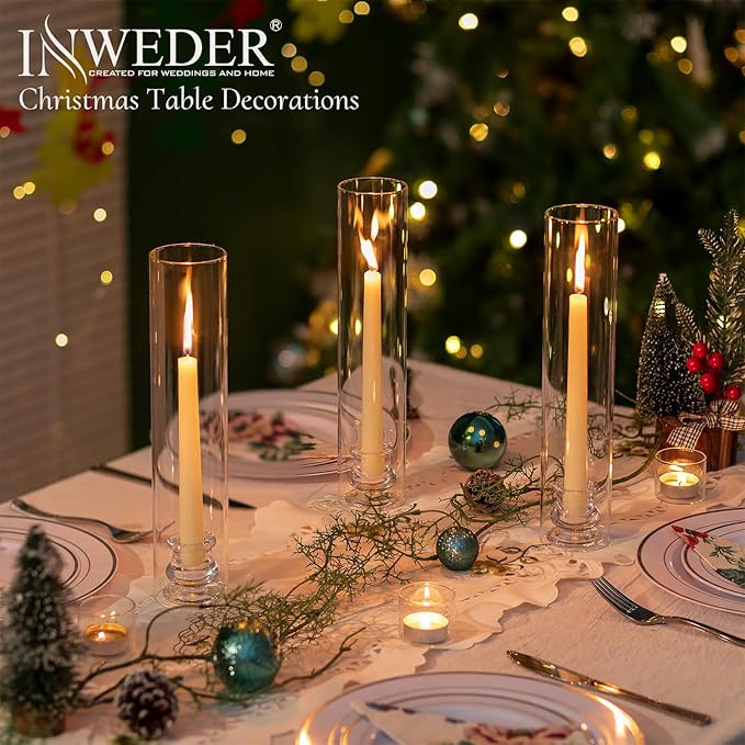 Glass Hurricane Candle Holder: 12" Tall Candlestick Holder with Cylinder Windproof Cover Clear Taper Candle Holders for Wedding Party Birthday Christmas Home Decor Set of 2