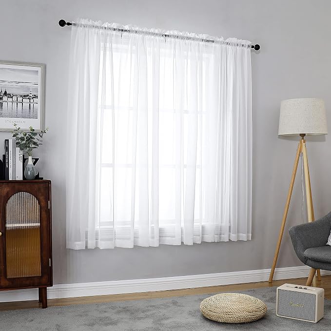 Chyhomenyc White Sheer Curtains 54 Inch Long 2 Panels - Image 2