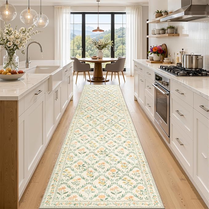 PLHXFR 2.6x14 Washable Runner Rug：Floral Indoor Kitchen Carpet Beige Multi | by PLHXFRSoftAreaRugs