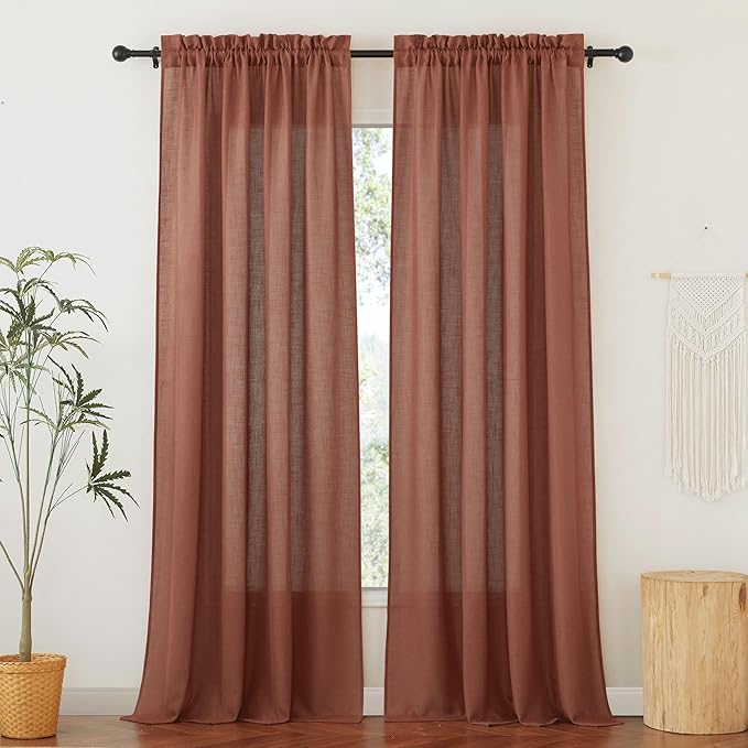 RYB HOME Flax Linen Blend Curtains 90 inches Long for Living Room Bedroom, Light Filtering Semi Translucent Window Treatments for Home Office, W 52 x L 102 inches, Terracotta, 2 Panels