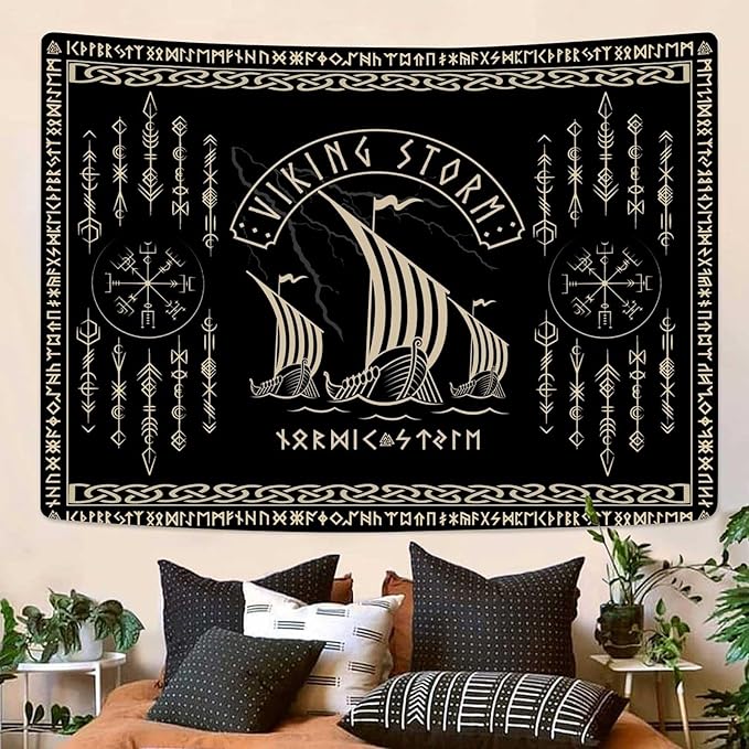 OSUNBD Viking Warship Tapestry Wall Hanging - Large 106x70 inches Storm & Celtic Runes on Soft Flannel Aesthetic Mythology Tapestries Norse Mythology Art for Bedroom, Living Room Decor